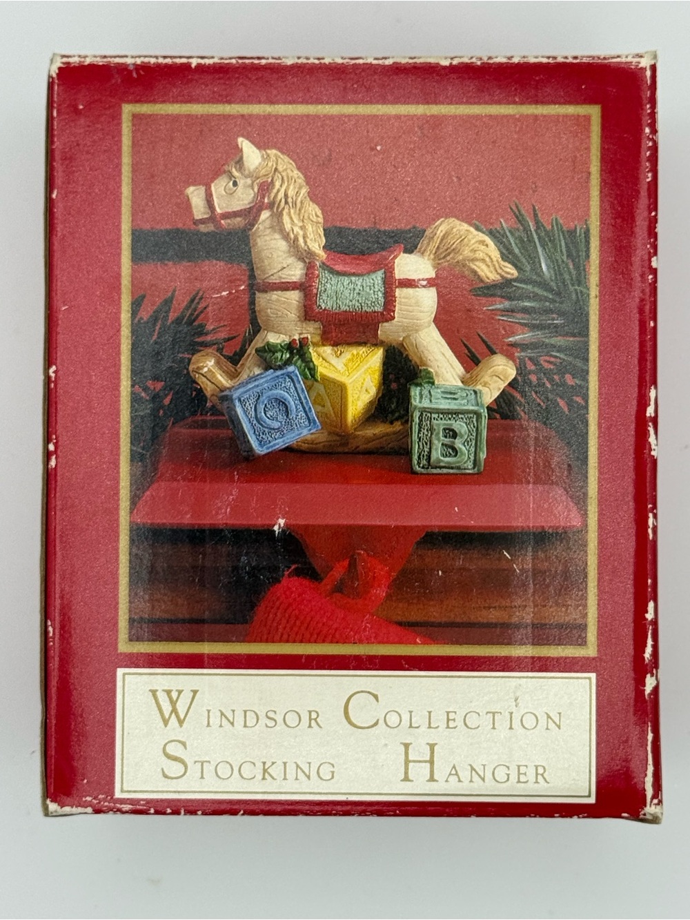 Vintage Cast Iron Windsor Red Stocking Hanger with Toy Horse and Blocks